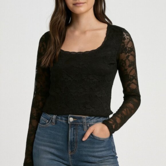 Madden NYC Black Lace Long Sleeve Top Women’s Size S Sheer Floral Stretch Y2K - Picture 1 of 6